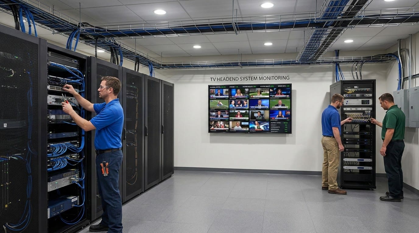 Engineers in a cable TV headend room, with equipment racks and a channel mosaic on the monitoring screen