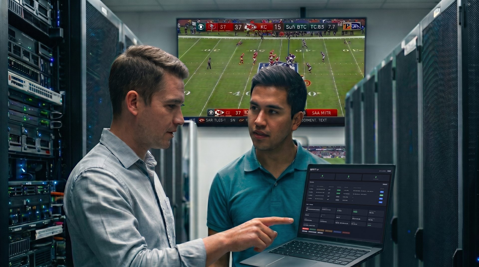 Two engineers in a data centre reviewing the Stream Gateway cloud panel on a laptop, with a live sports broadcast on the wall screen