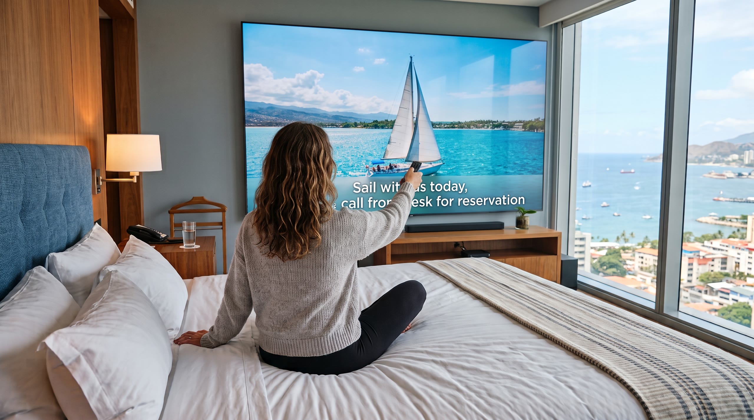 Hotel guest on the bed using the remote, with the in-room TV showing the property channel lineup