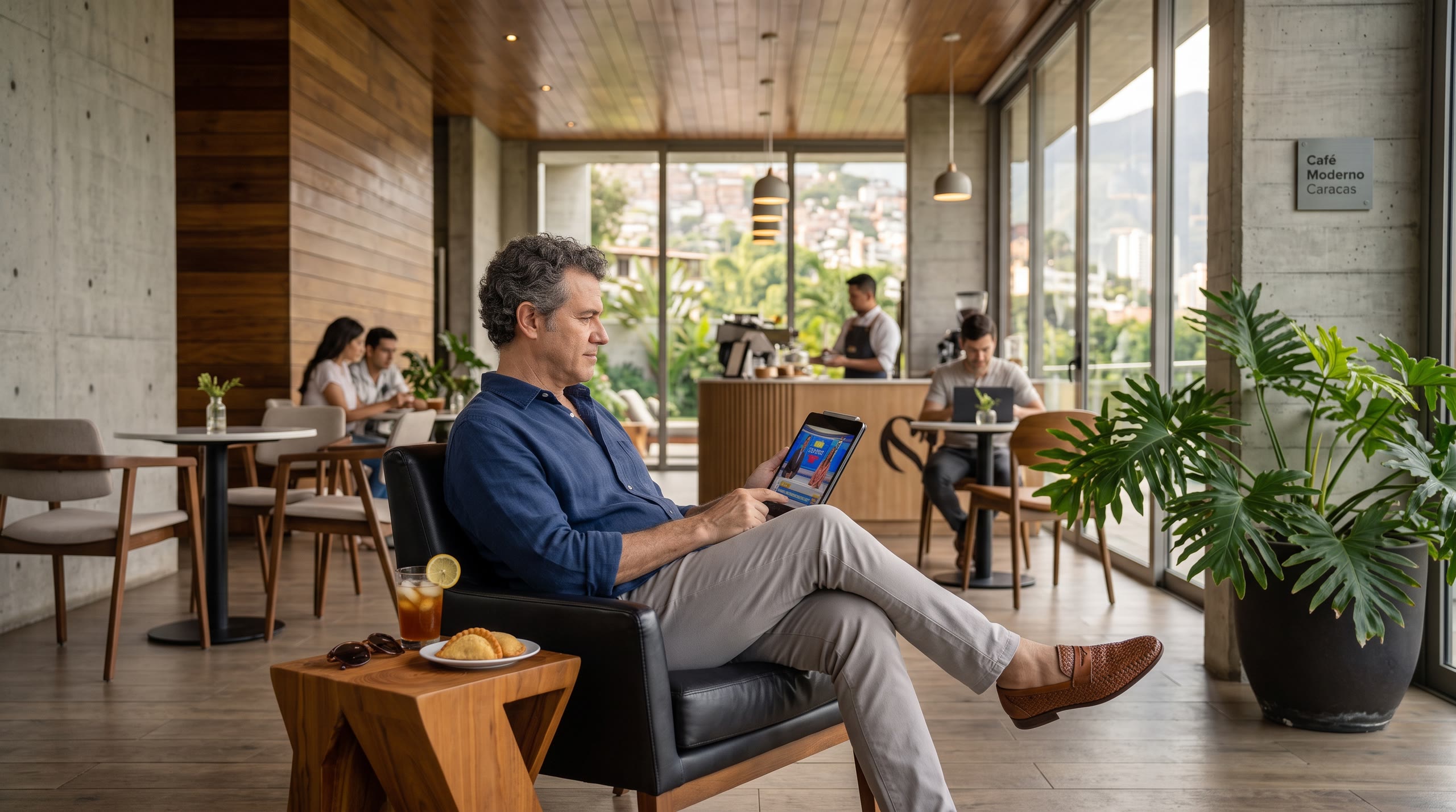 Café guest sitting in an armchair watching video on a tablet, with the counter and the terrace behind