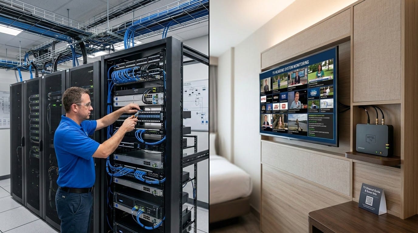 Split image: an engineer patching a rack in a technical room, and the same service delivered on a hotel room TV