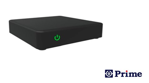 Prime Box, a compact black set-top box, beside the Prime logo
