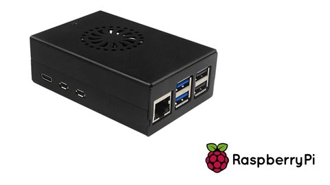Raspberry Pi in a black case, the hardware for the Raspberry Pi gateway