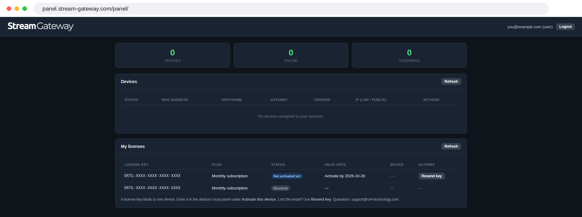 The Stream Gateway panel with devices and licenses