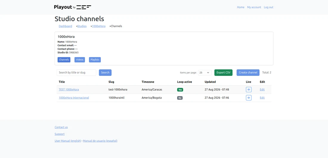 Studio channels list with timezone, loop status and last update.