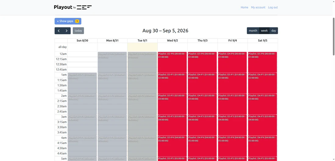 Weekly scheduling grid with playlists placed by day and time.