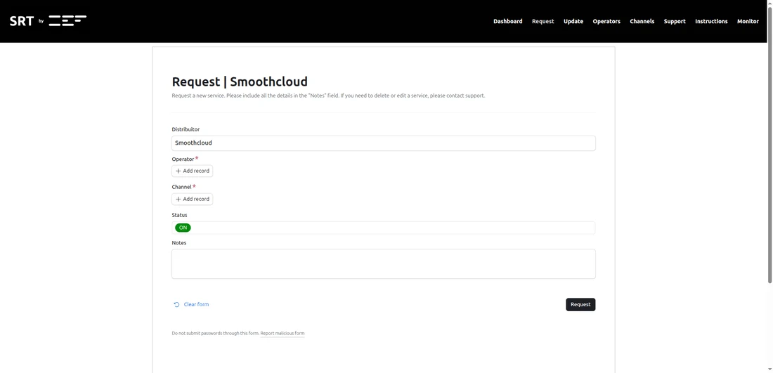 Request form used to activate a new delivery.