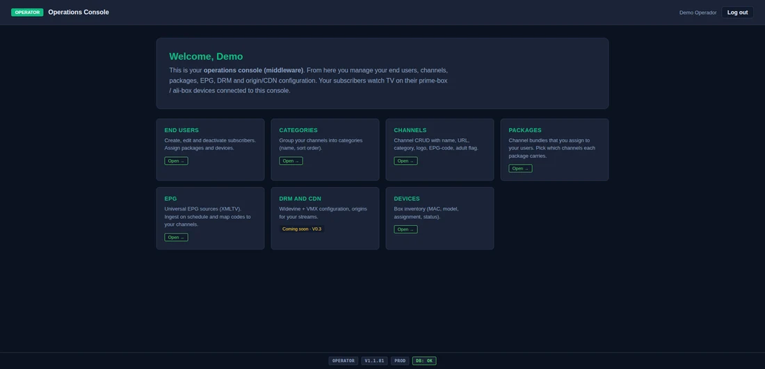Operations console for end users, channels, packages, EPG and DRM.